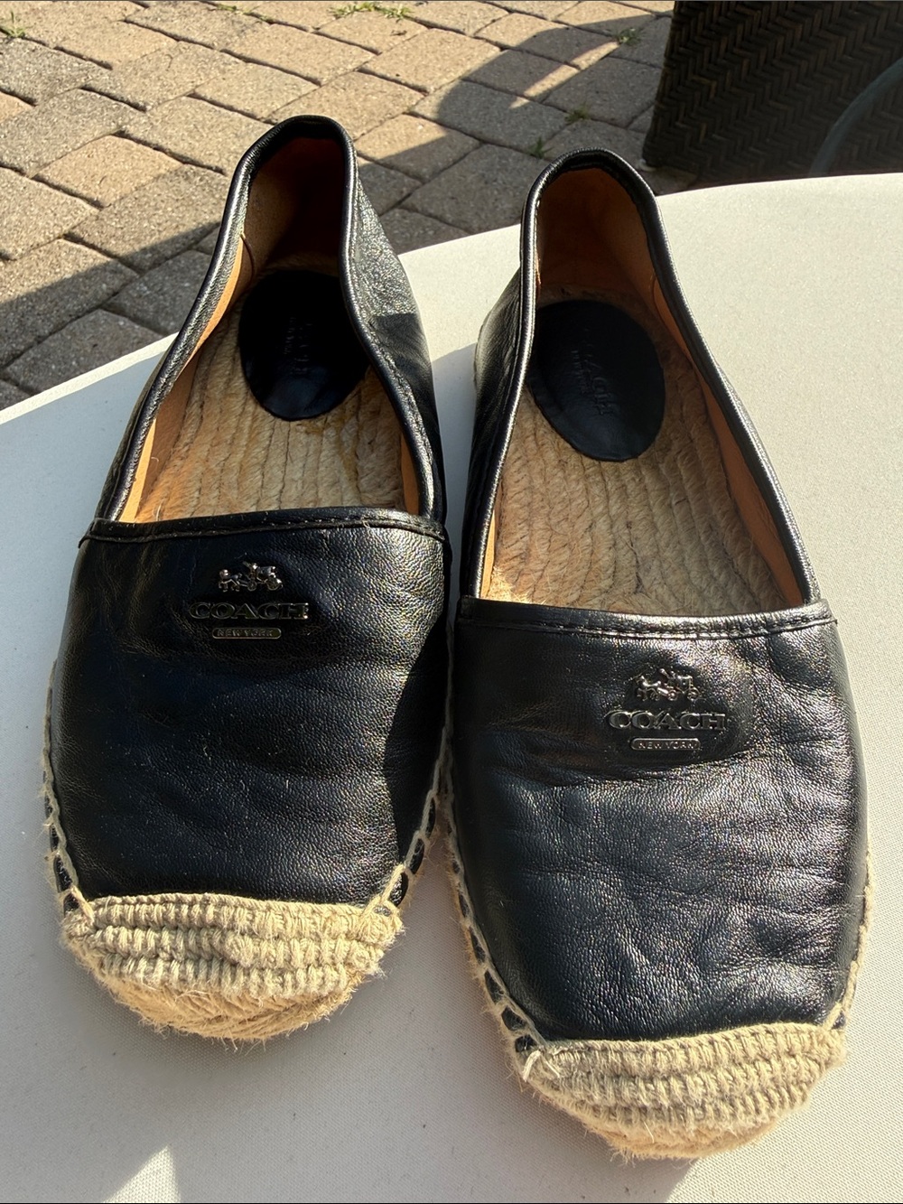 Coach Black Leather Espadrille Flats with Natural Jute Toe